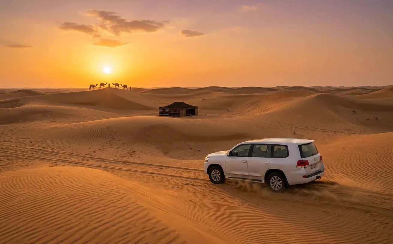 مركبة دفع رباعي بيضاء بين الكثبان المضاءة بالشمس